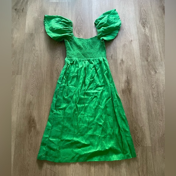 lusana eddie jade green shirred flare short sleeve midi linen dress size small - Picture 3 of 4
